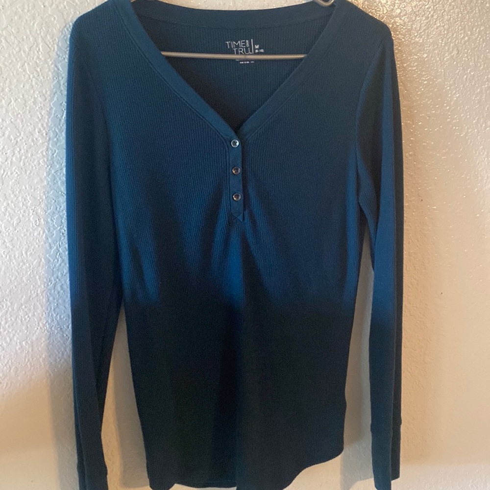 Time and Tru size M, v-neck, dark green/blue, long sleeve thermal.